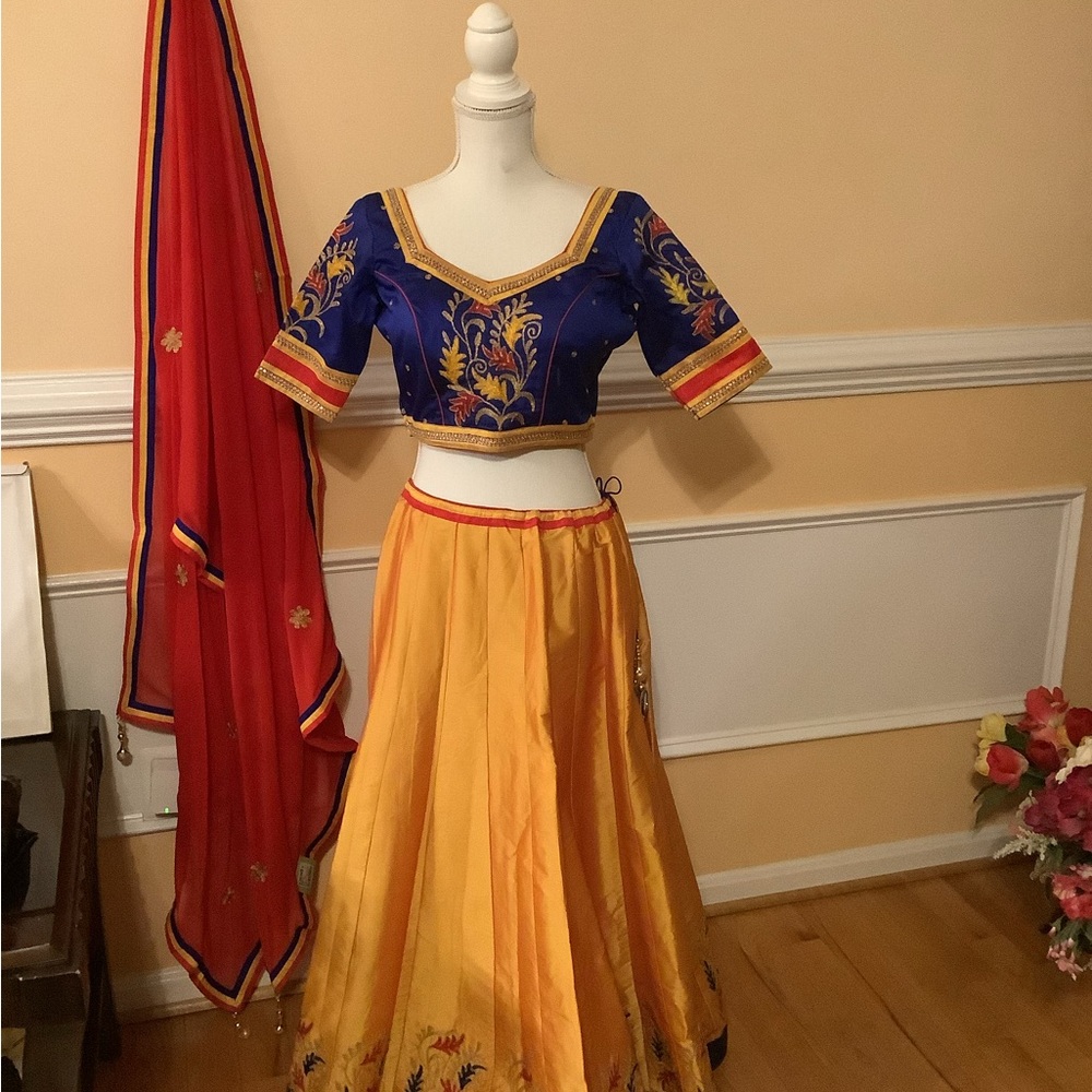 Vibrant Blue and Yellow Embroidered Lehenga Choli